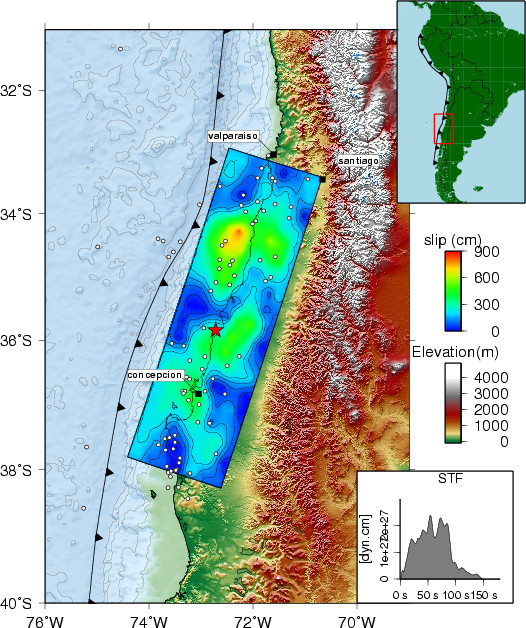 map of chile earthquake. Map view of the slip
